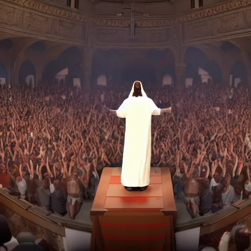 Image similar to jesus christ with a microphone rapping on a podium to a crowd of people, 4 k image, hd, high res, unreal engine, medieval