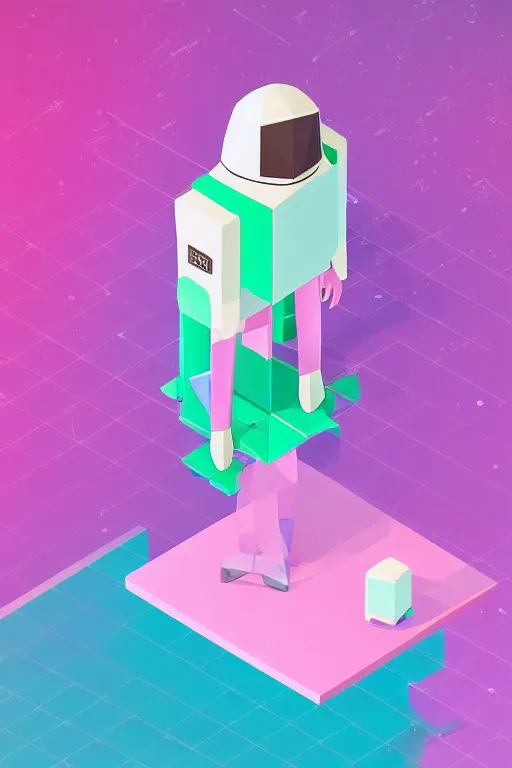 Image similar to A pastel pink low poly astronaut in an pastel green isometric room. .