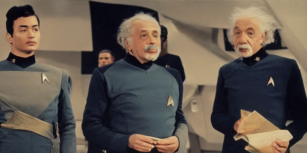 Image similar to Young Eintsein and Old Einstein in starfleet uniforms from the next Star Trek movie