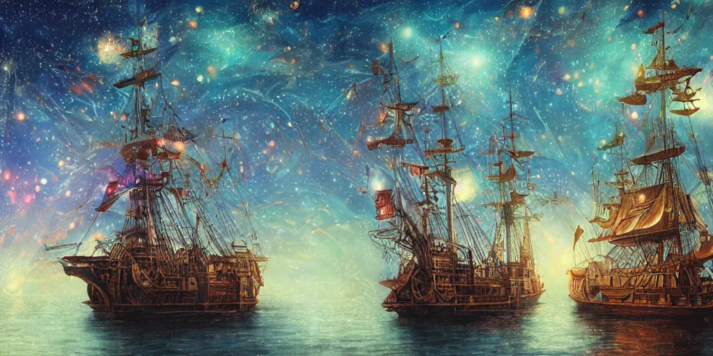 Image similar to a lone giant steampunk tall - ship made of wrought - iron sailing through nebulae, gossamer woven sails and surrounded by millions of stars, bokeh, ray tracing, hyperrealistic digital painting, colorful masterpiece by studio ghibli