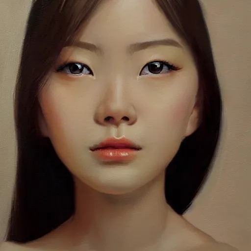 Image similar to perfect, realistic oil painting of close-up japanese girl face, by Sakimichan, by an American professional senior artist, Hollywood concept, dynamic composition and motion, postproduction.