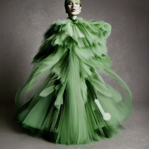Prompt: Editorial studio photograph of a green Valentino Haute Couture outfit, photographed by Tim Walker