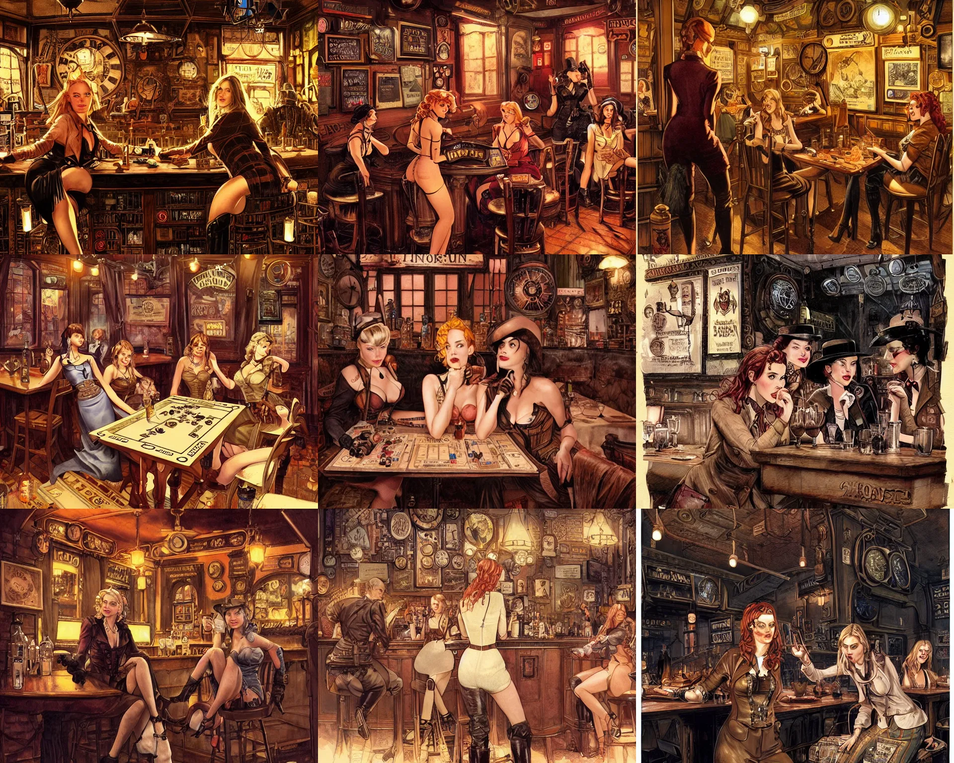 Prompt: women in the interior of a steampunk pub, Milo Manara, night time, Margot Robbie, Scarlett Johanson, zoey Deschannel, smoking cigarettes, playing board games, highly detailed, Quentin Tarantino movie posters, pulp fiction, level design, concept art, artstation, cgsociety, zenith view