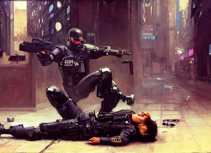 Prompt: Sophia evades sgt Griggs. Athletic Cyberpunk hacker escaping Menacing Cyberpunk police trooper griggs. (dystopian, police state, Cyberpunk 2077, bladerunner 2049). Iranian orientalist portrait by john william waterhouse and Edwin Longsden Long and Theodore Ralli and Nasreddine Dinet, oil on canvas. Cinematic, vivid colors, hyper realism, realistic proportions, dramatic lighting, high detail 4k