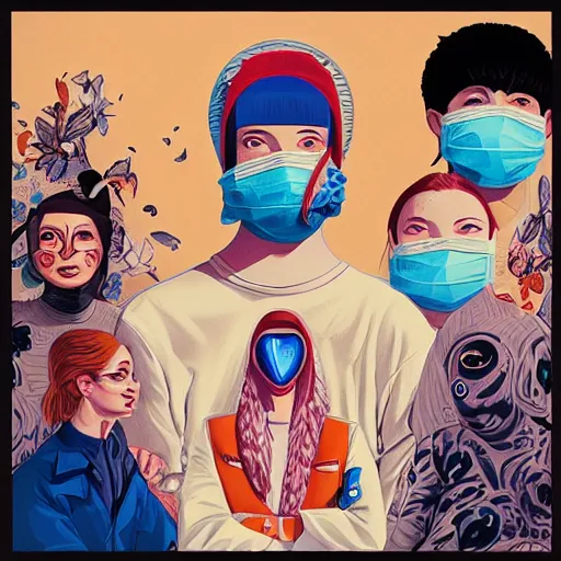 Image similar to portrait of people with sanitary mask, Tristan Eaton, artgerm, Victo Ngai, RHADS, ross draws