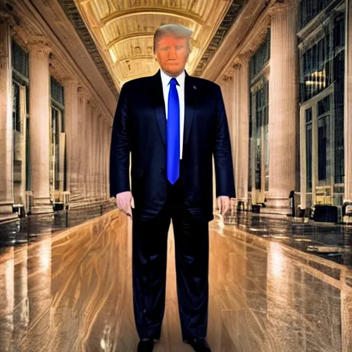 Image similar to “Hyperrealistic photo of Donald Trump standing in Fifth Avenue with a gun, atmospheric lighting, award-winning crisp details”