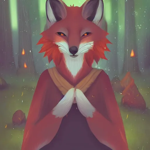 Image similar to portrait of a medieval anthropomorphic fox in a forest at night with fireflies, trending on artstation, furry art, by kawacy, night lighting, digital art, dreamy, bokeh