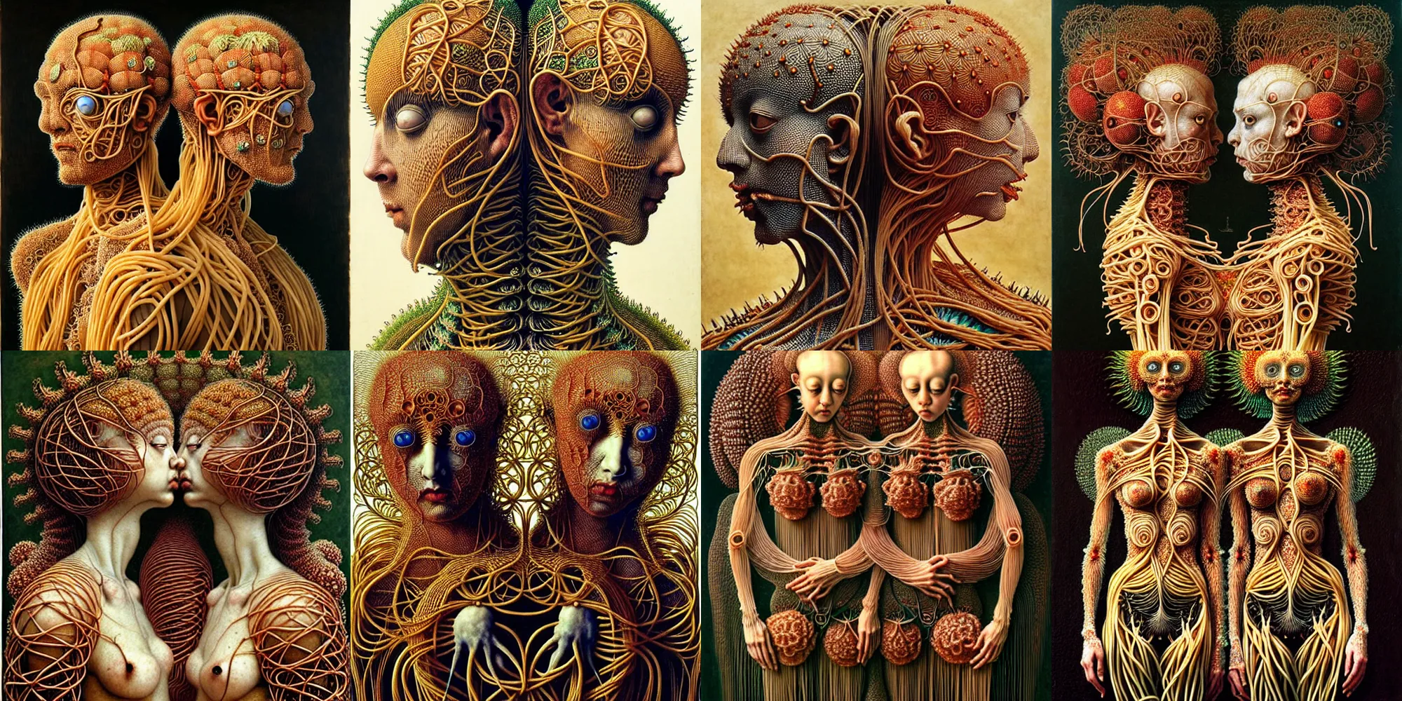 Prompt: siamese twins made of spaghetti, intricate and elegant armor made of fractals of spagetthi, highly detailed, by giuseppe arcimboldo and ambrosius benson, renaissance, romanticism, intricate and intense oil paint, a touch of beksinski and takato yamamoto, realistic