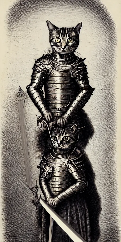 Prompt: engraving portrait of humanoid cat with sword in medieval armoury by gustave dore. trending on deviant art, street art, chillwave, maximalist, full of color, glittering, 8 k, hd