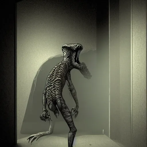 Image similar to a reptilian daemon entering a human from the back in a dark concrete room, spooky lighting, dark, creepy, trending on artstation, deviant art, artgem, intricate detail