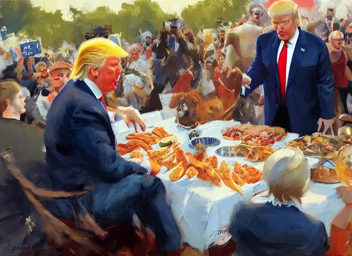 Prompt: a highly detailed beautiful portrait of a donald trump protesting against eating animals while people doing bbq, by gregory manchess, james gurney, james jean