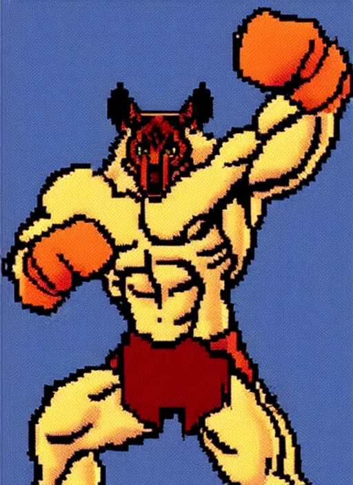 Image similar to extreme long shot. 8 bit nes graphics. antropomorphic muscular masculine wolf. kickboxer, in shorts. wolf head. furr on body.