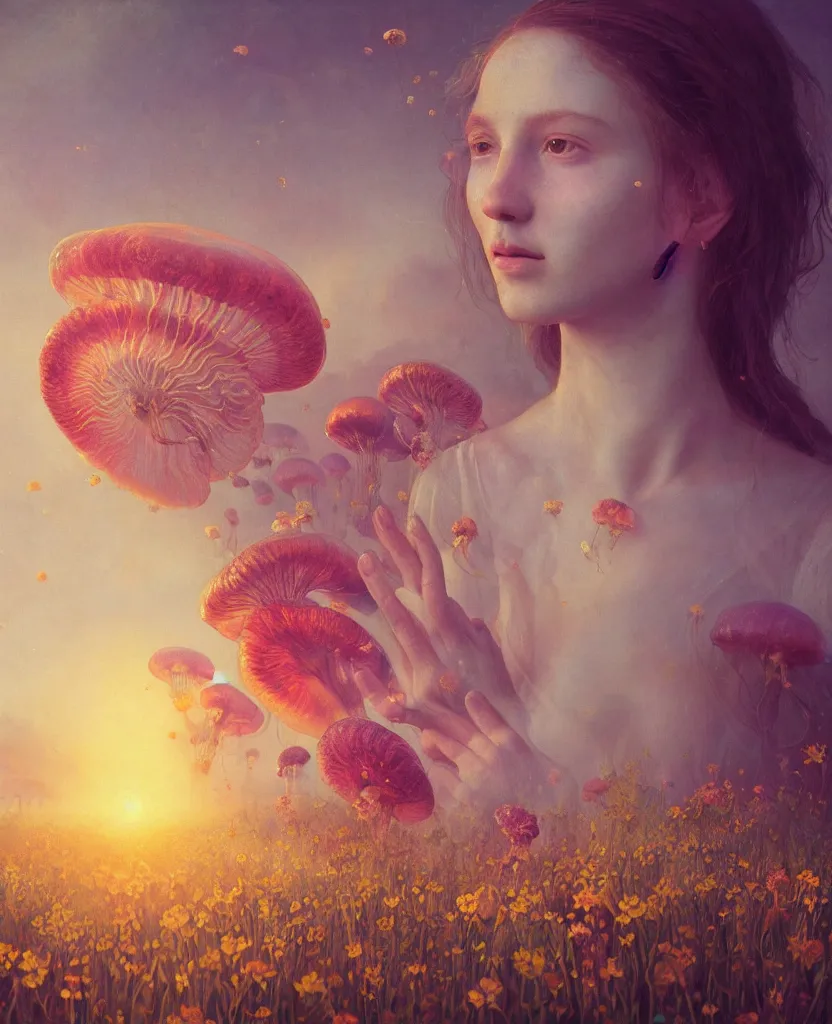 Prompt: neoclassicist renaissance close - up portrait, a girl in a in field of flowers, translucent jellyfish flying around, surreal photography, sunrise, impressionist painting, mycelium fungus, translucent, bio luminescent, plasma, energy flow, artstation, simon stalenhag