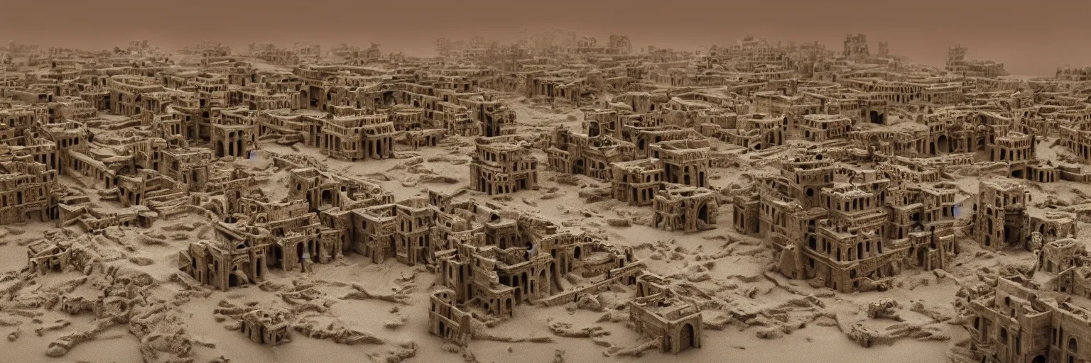 Prompt: Caught in the flow of time. Ancient architecture. An abandoned city in the middle of a desert. Sand dunes devour the buildings. Sandstorm, strong winds. Highly detailed. Photoreal