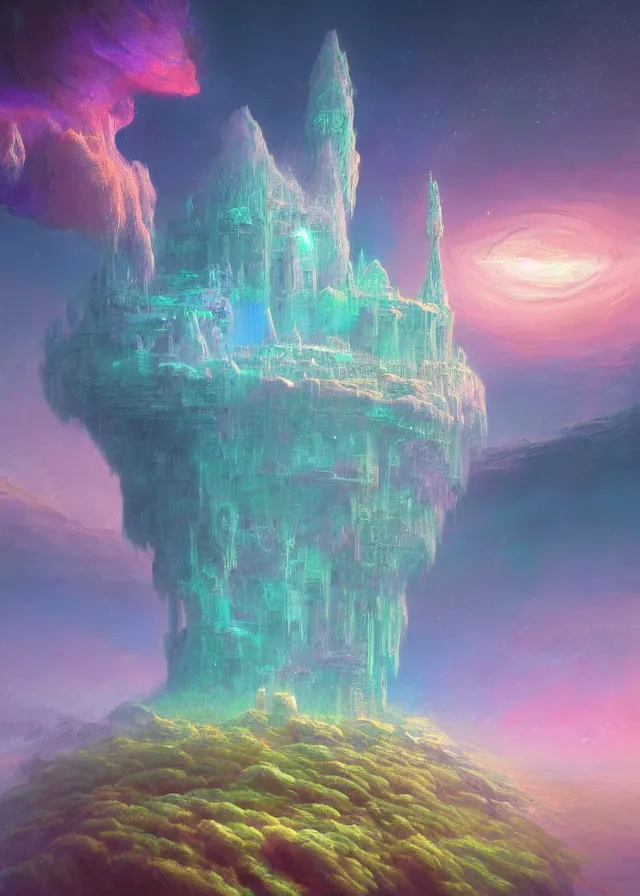 Prompt: an ultra detailed midjourney concept digital art painting of a singular floating island castle, levitating across space in a misty pearlescent nebula by paul lehr kazumasa uchio situated in a starry expanse of bioluminescent cosmic worlds by beksinski and beeple, ecological art, flying citadel with towers, trending on artstation