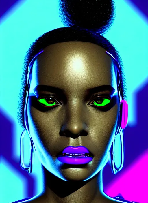 Prompt: photorealistic portrait of black american female humanoid, cyber neon lights, highly detailed, cyberpunk high fashion, elegant, crispy quality, trending in artstation, trending in pinterest, glamor pose, no signature, no watermark, cinematic, art by pascal blanche