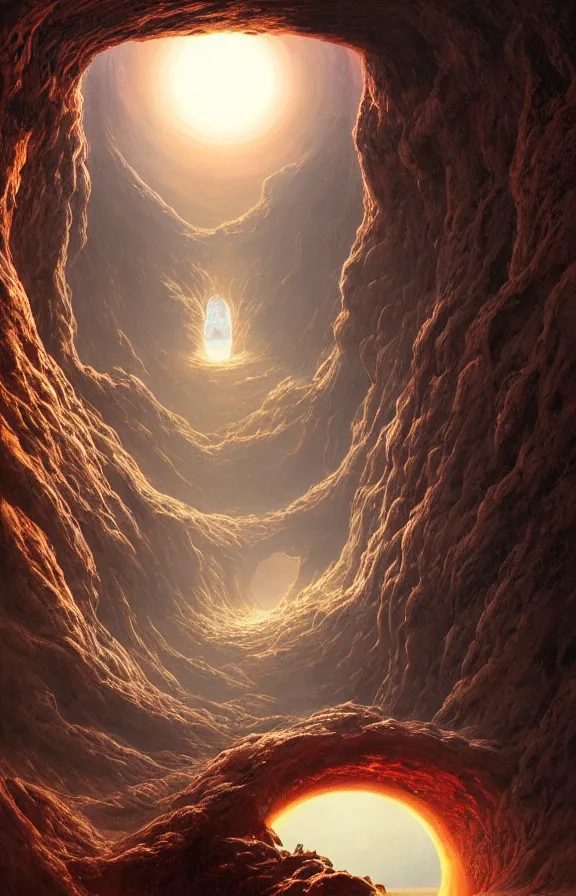 Image similar to enormous portal into godhood created by primordial demiurge flickers omniously on a barren hellish exoplanet, philosophical concept illustrated by James Gurney and Zdzislaw Beksinski and Dariusz Zawadski, dramatic lighting, ultra HD, HDR, 8k