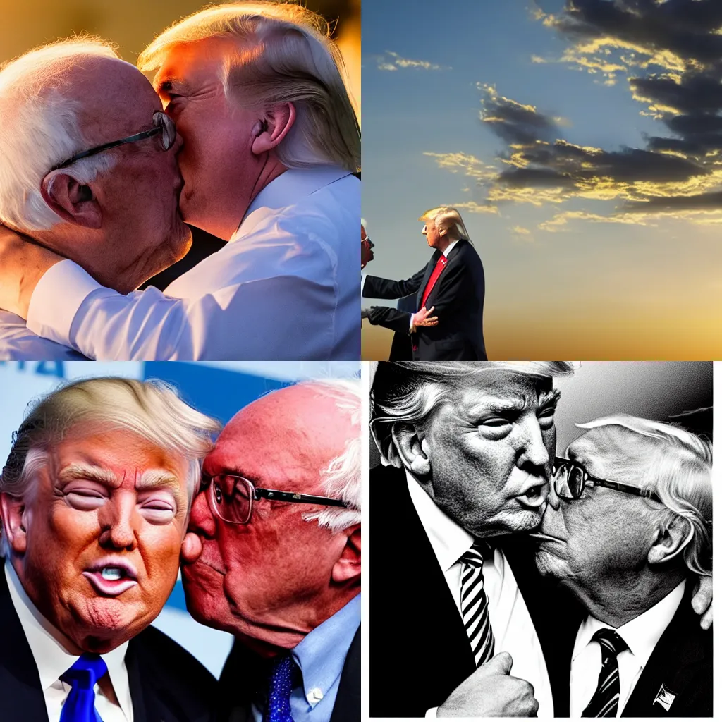 Prompt: a beautiful award winning photo of Donald Trump kissing Bernie Sanders, golden hour, very detailed and sharp, 4k cinematic