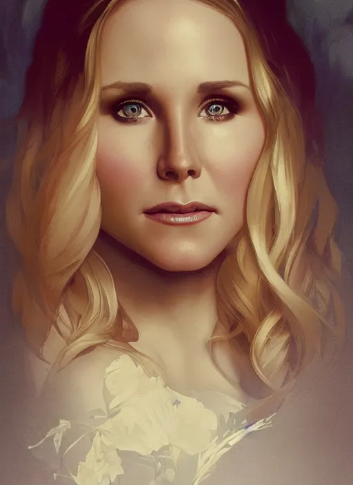 Prompt: beautiful portrait of kristen bell combined with maggie lawson, by magali villeneuve and greg rutkowski and artgerm and alphonse mucha, intricate, elegant, highly detailed, photorealistic, trending on artstation, trending on cgsociety, 8 k, sharp focus