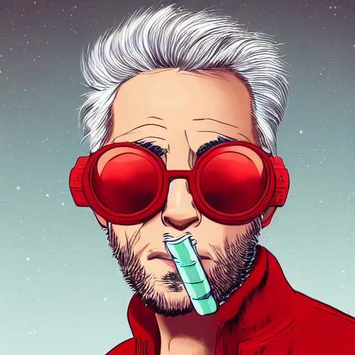 Image similar to young man in red jacket and white shirt, white hair, round goggles, smoking cigarette, character portrait, sharp focus, illustration