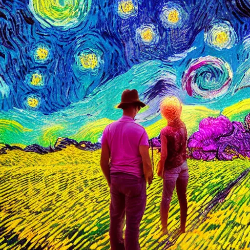 Prompt: A dreaming person sees another far away person above a colourfull van Gogh style field while both person are surrounded by a colourful wind aura around their chests, dream, 40nm lens, shallow depth of field, split lighting, 4k,