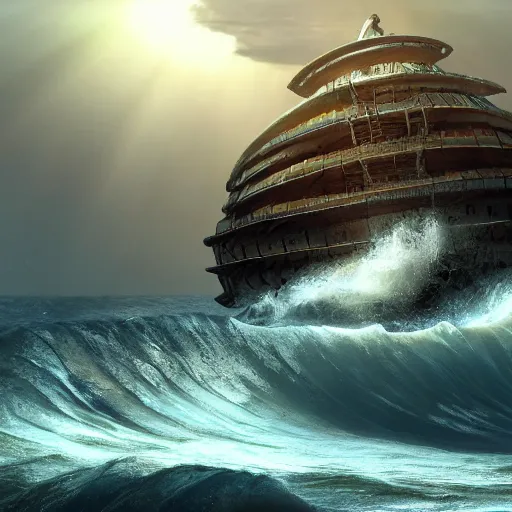 Image similar to Rendering of a scene of Noah’s ark atop a wave on a stormy ocean, on a ringworld, ringworld rising up from the horizon, dark effect, trending on cgsociety and unreal engine, highly detailed，super wide angle