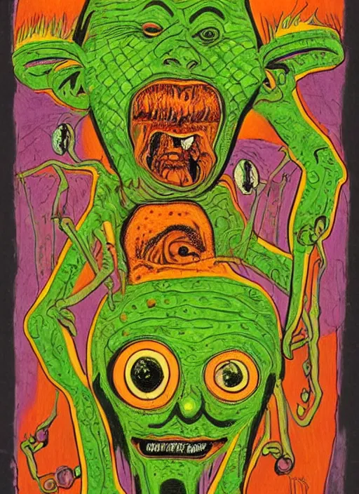 Prompt: a crazy alien art horror portrait, which has weird stretched out eyes and a misshapen mouth, green skin and orange background, art brut by a psycho man, full color crazy outsider outsider art