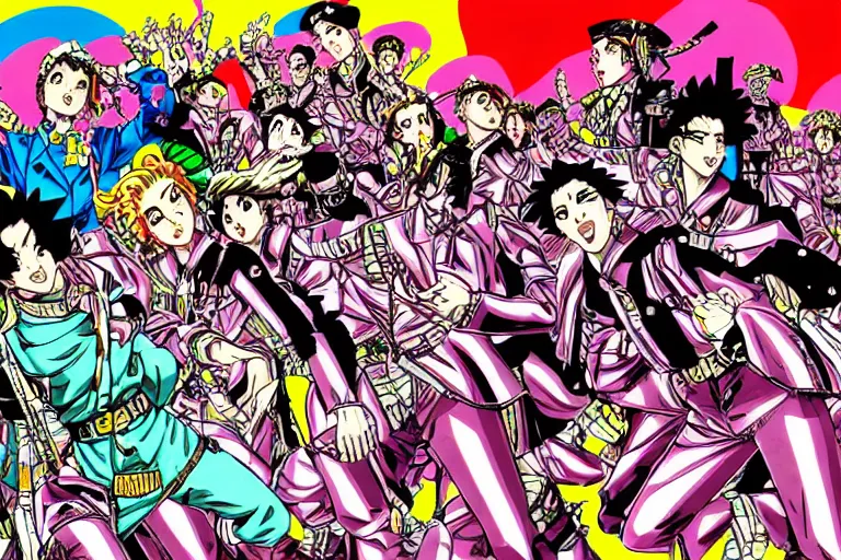 Prompt: The Stalingrad ruins | Colorfull pop art | art by Hirohiko Araki | Hirohiko Araki | Anime wallpaper | funky | colorful | digital art