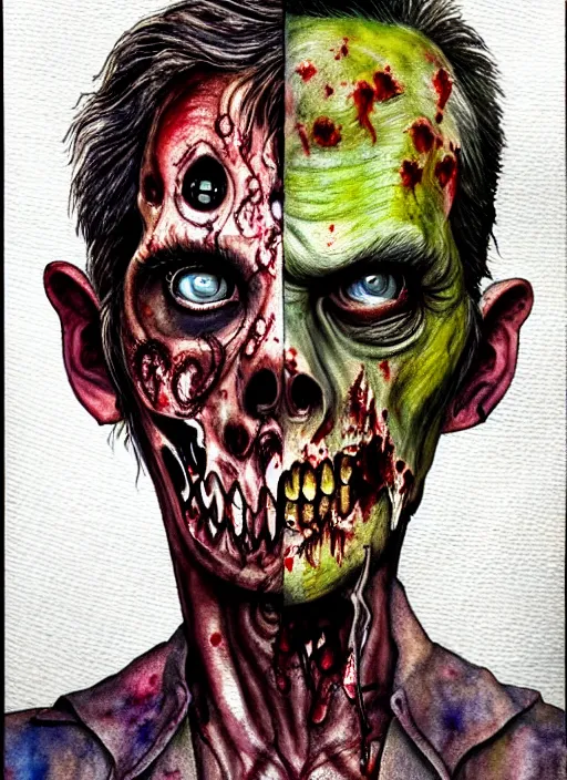 Image similar to zombie hollywood professional acting headshot, hyperrealism, intricate detailed, studio lighting, charming expression gesicht, watercolor art, drawn and painted, colored layers, dulled contrast, exquisite fine art