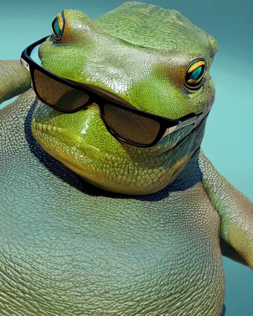 Prompt: a Giant bullfrog wearing sunglasses and relaxing with a glass of iced tea, trending on artstation, photorealistic