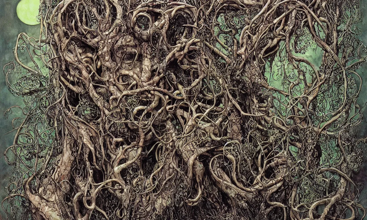 Prompt: hyperdetailed art nouveau portrait of treebeard as cthulhu, by michael whelan, simon bisley, and bill sienkiewicz, grim yet sparkling atmosphere, photorealism, night in the forest, thorns, vines, terror, wild, crazy, scary, horror, lynn varley, lovern kindzierski, steve oliff