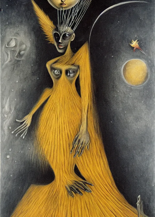 Prompt: the queen of the moon, ominous, surreal, dark and poetic, painted on masonite, by remedios varo
