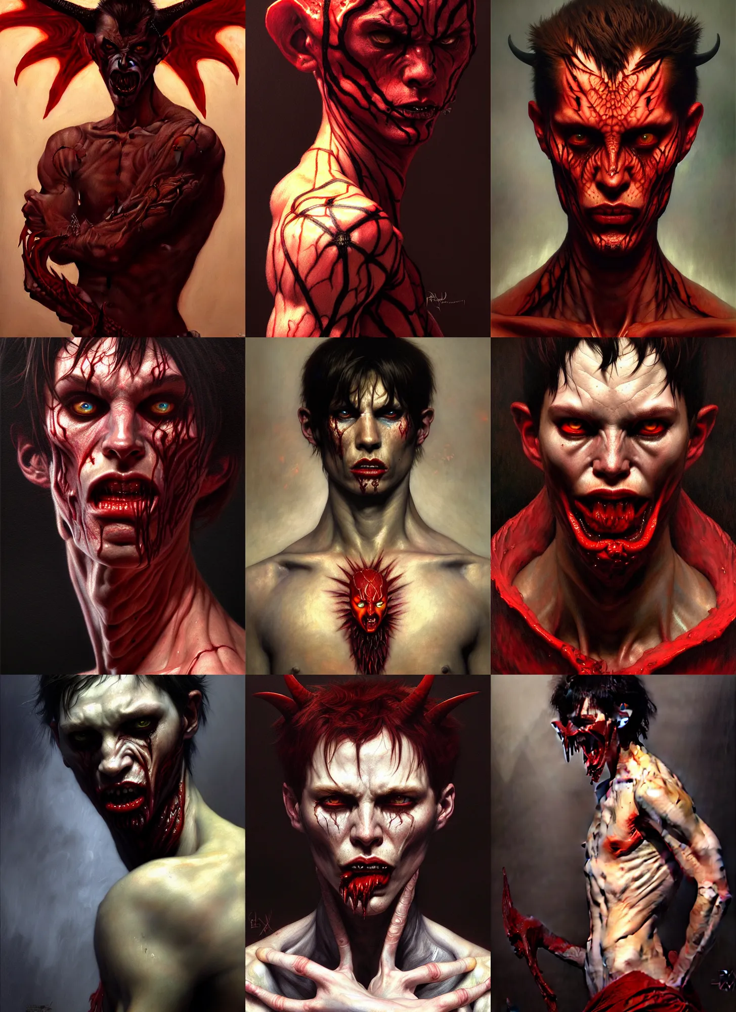 Prompt: devil man crybaby, intricate skin pattern texture, savage, full body, hyper realistic, extremely detailed, dnd character art portrait, dark fantasy art, intricate fantasy painting, dramatic lighting, vivid colors, deviant art, artstation, by edgar maxence and caravaggio and michael whelan and delacroix.