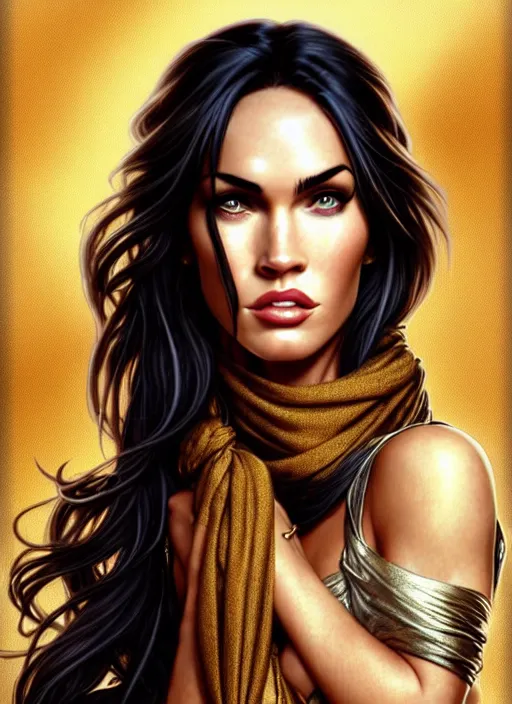 Image similar to portrait of megan fox as pirate, scarf, eyepad, gold, sails, pirates if the caribbean, intricate, headshot, highly detailed, digital painting, artstation, concept art, sharp focus, cinematic lighting, illustration, art by artgerm and greg rutkowski, alphonse mucha, cgsociety