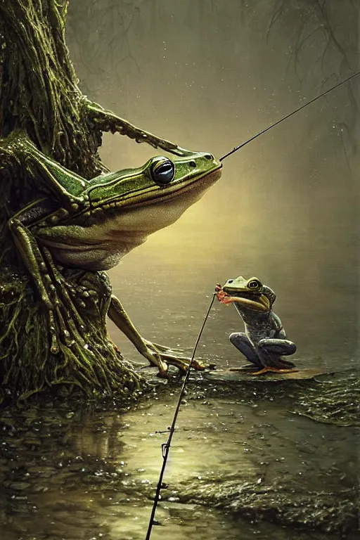 Image similar to frog fishing with a fishing pole by the water by anna podedworna, ayami kojima, greg rutkowski, giger, maxim verehin