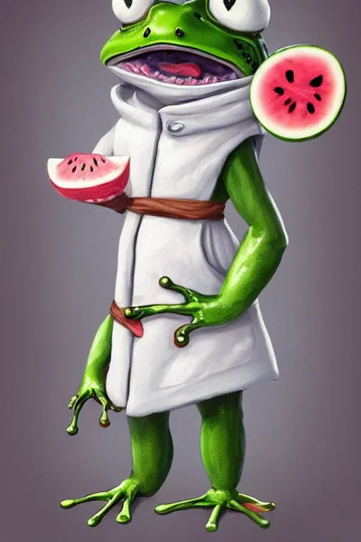 Image similar to cute anthropomorphic frog wearing a white butcher coat with a white butcher hat and holding a cleaver, cutting a wipe red watermelon, tiny, small, miniature frog, baby animal, short, pale blue armor, cute and adorable, pretty, beautiful, DnD character art portrait, matte fantasy painting, cgsociety Artstation, by Jason Felix by Steve Argyle by Tyler Jacobson by Peter Mohrbacher, cinematic lighting