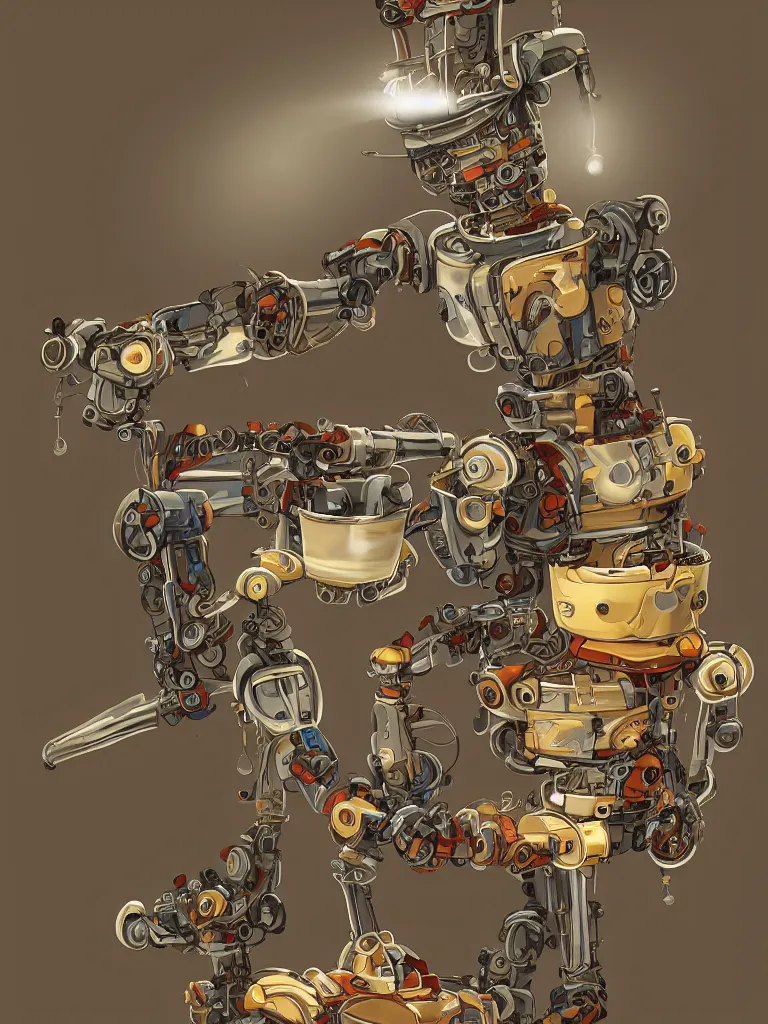 Image similar to full-length portrait of a singular old mechanical robot offering a cup of steaming coffee, by Simon Stalenhaag, sharp focus, fresh colors, deviantart, conceptart