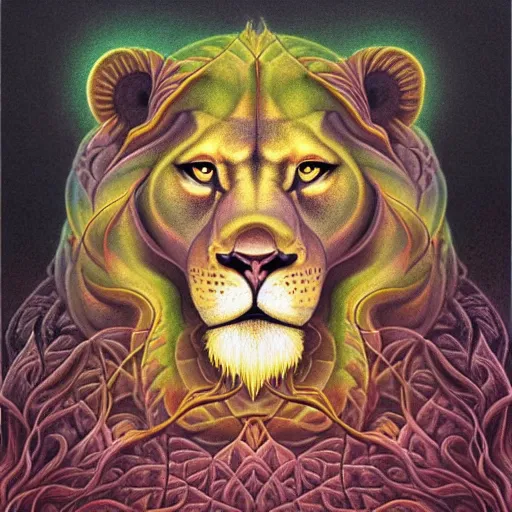 Image similar to an anthromorphic lion meditating in a zen garden with a waterfall under the blood moon, by Adi granov and afarin sajedi and amanda sage and evgeni gordiets and Agostino Arrivabene and adonna khare in a psychedelic portrait style, ultrarealistic matte painting, volumetric lighting, fractal, extremely symmetrical, highly detailed face, orisha, 8k, hd