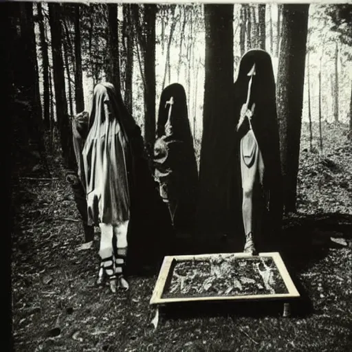 Image similar to shadow people at an occult alter in the woods vintage photo