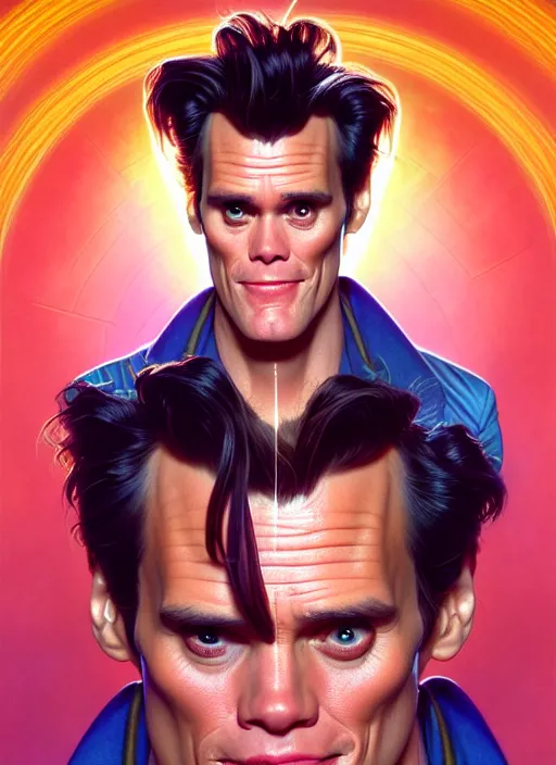 Image similar to symmetry!! portrait of ace ventura jim carrey, chemisty, sci - fi, glowing lights!! intricate, elegant, highly detailed, digital painting, artstation, concept art, smooth, sharp focus, illustration, art by artgerm and greg rutkowski and alphonse mucha, 8 k