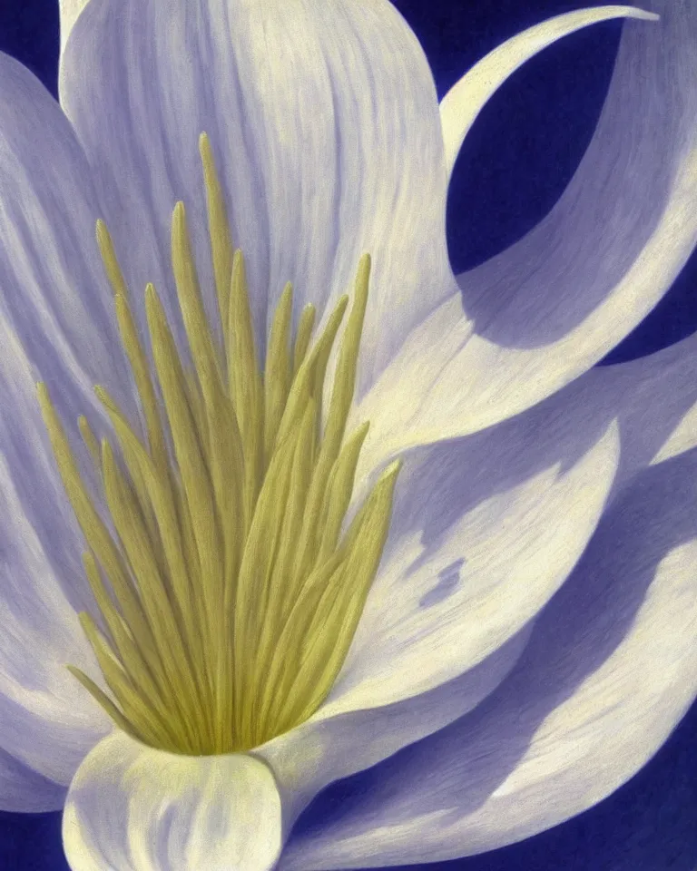 Image similar to achingly beautiful extreme close up painting of one white lily blossom by rene magritte, monet, and turner. piranesi. macro lens, symmetry, circular.