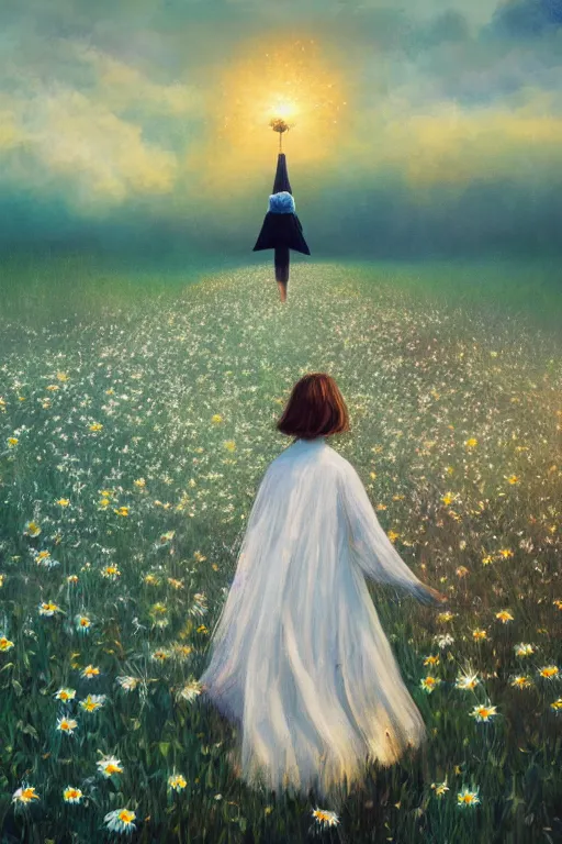 Image similar to giant white daisy flower head, girl with veil walking in a flower field, surreal photography, sunrise, dramatic light, impressionist painting, colorful clouds, digital painting, artstation, simon stalenhag