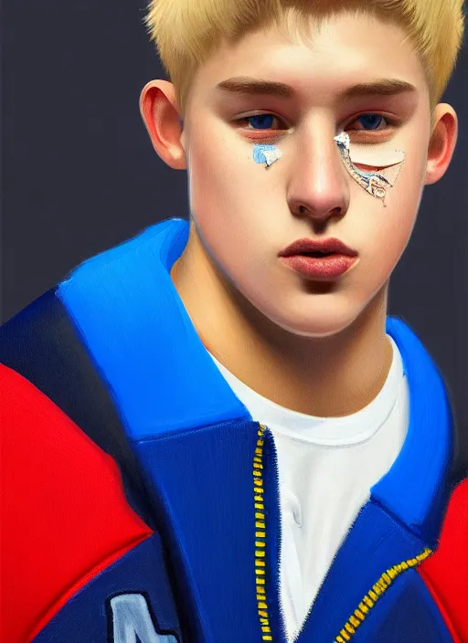 Image similar to portrait of high school senior boy named big moose, blonde short hair, jock, beefy, wide face, square jaw, square facial structure, blue varsity jacket with letter r, intricate, elegant, glowing lights, highly detailed, digital painting, artstation, concept art, sharp focus, illustration, art by wlop, mars ravelo and greg rutkowski