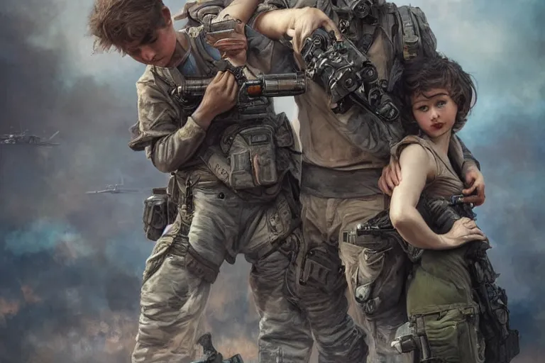 Image similar to Boy and girl holding each other's hands standing scared in front of a military war machine which is aiming at them. beautiful detailed photograph intricate insanely detailed octane render, 8k artistic photography, photorealistic, art by artgerm and greg rutkowski and alphonse mucha, detailed, trending on artstation