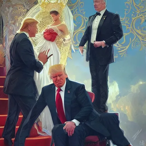 Prompt: vladimir putin marrying donald trump, elegant, highly detailed, digital painting, artstation, concept art, smooth, sharp focus, illustration, art by artgerm and greg rutkowski and alphonse mucha