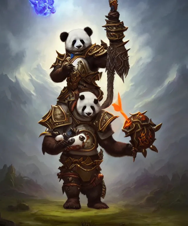 Image similar to a portrait an anthropomorphic panda paladin holding a doombringer, wearing paladin plate, landscape in background, dnd character art portrait, world of warcraft style, by peter mohrbacher, cinematic lighting