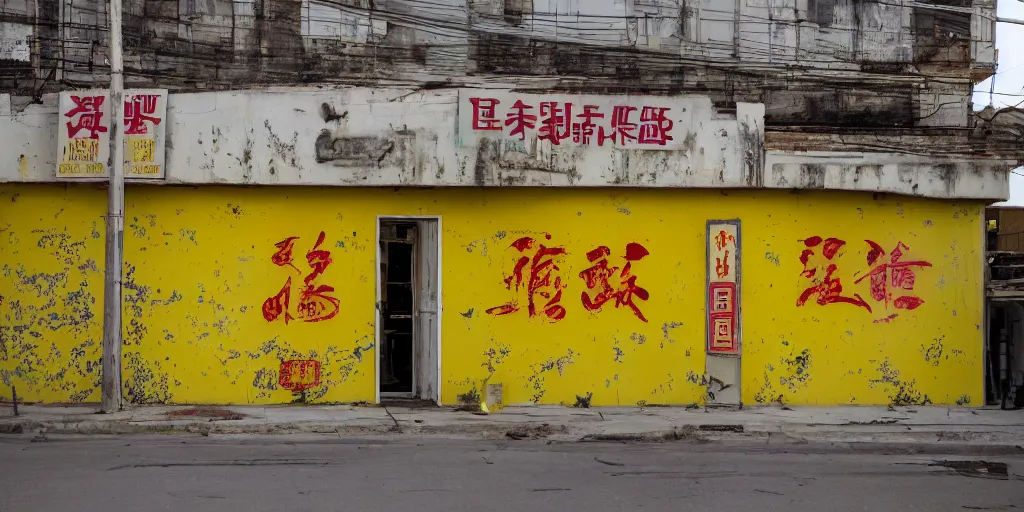 Prompt: an old and abandoned chinese restaurant with a sign saying chen chow and with a yellow wall mural saying open 2 4 hours