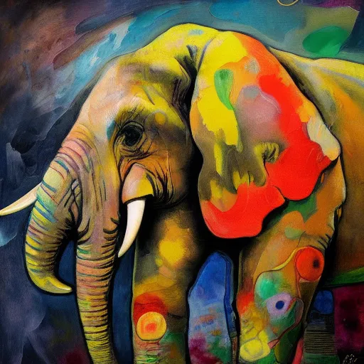 Prompt: painting of an elephant, in the style of disco elysium, expressionism, artstation, trending, by aleksander rostov, jenny saville, rembrandt, alex kanevsky, wassily kandinsky, dave mckean, yoshitaka amano