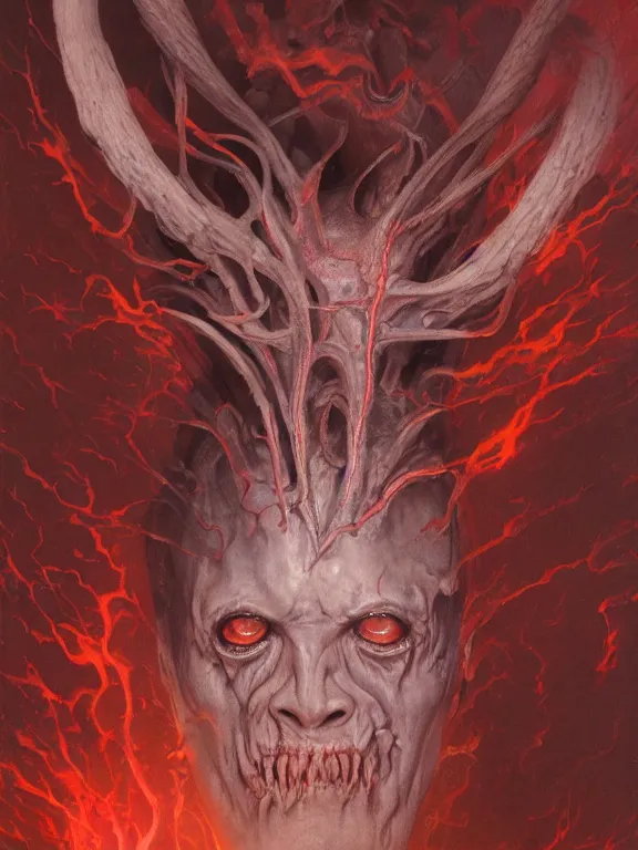 Image similar to wayne barlowe painting of a flying sorrowful looking severed human head with tears running down it's eyes, face that is chalk white in color, with long white tentacles stemming from it's neck, fiery scorching red eyes, background sprawling terrifying hellish cave with lava flowing through it's walls, 4 k