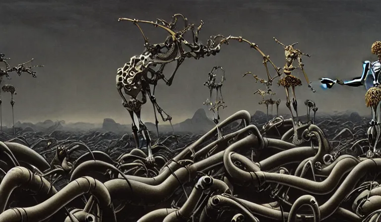 Image similar to still frame from Prometheus by Yves Tanguy and utagawa kuniyoshi, Vast hell plains with resurrecting arcane mycelium biomechanical giger cyborg skeletons in style of Jakub rozalski with character designs by Neri Oxman, metal couture haute couture editorial